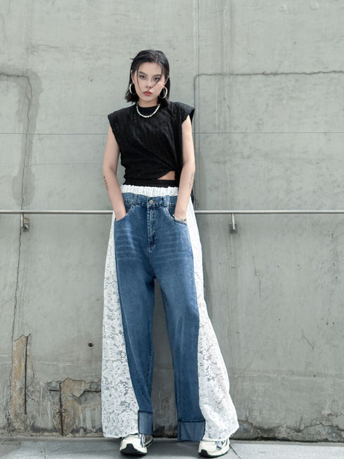 Lace Contrast Wide Denim Pants